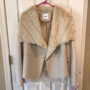 Ladies Bebe suede jacket with rabbit fur inside and on Jacket collar.  L, beige